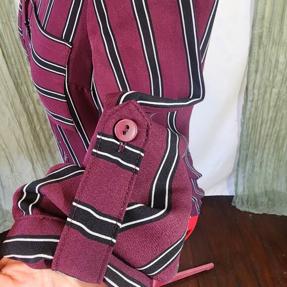 By & By Maroon and Black Striped Button up Roll Tab Sleeves Size XS - Picture 2 of 6